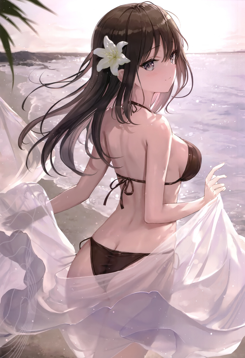 1girl absurdres ass back bare_arms bare_shoulders beach bikini black_bikini black_eyes black_hair blush breasts butt_crack closed_mouth cowboy_shot day flower from_behind fuumi_(radial_engine) hair_between_eyes hair_flower hair_ornament halterneck highres holding light_particles lily_(flower) long_hair looking_at_viewer looking_back medium_breasts non-web_source ocean original outdoors sand scan see-through see-through_silhouette shore side-tie_bikini_bottom silhouette sky smile solo standing string_bikini swimsuit thighs water white_flower