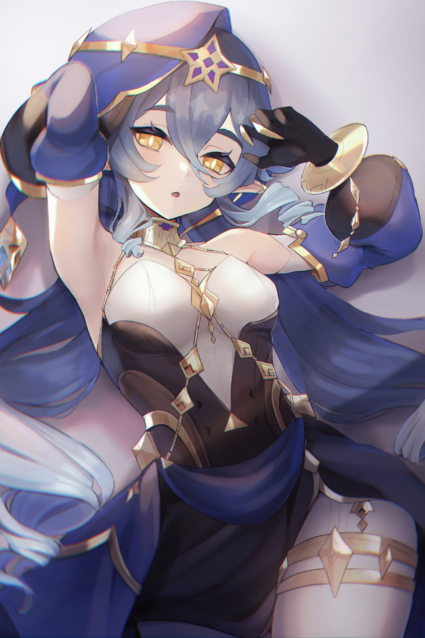 1girl armpits arms_up black_gloves black_skirt blue_hair breasts detached_sleeves genshin_impact gloves highres hood jewelry layla_(genshin_impact) long_sleeves neck_ring parted_lips pointy_ears skirt small_breasts solo thighlet ura_(hamburg_oniku) yellow_eyes