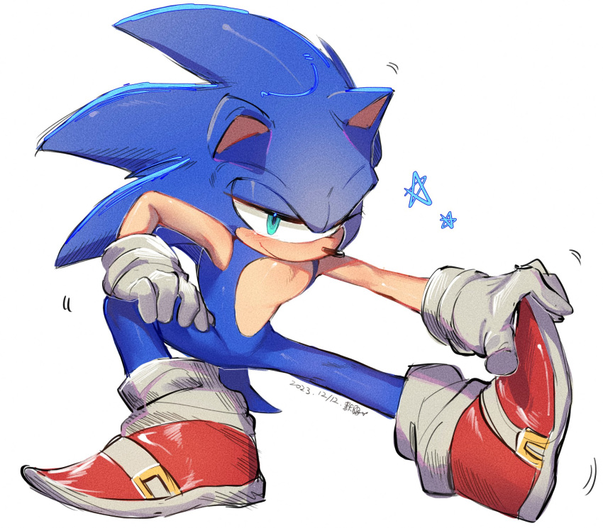 1boy animal_ears animal_nose aqua_eyes blue_fur closed_mouth dated english_commentary full_body furry furry_male gloves gold_trim hedgehog hedgehog_ears hedgehog_tail highres looking_at_viewer male_focus moyu_16y red_footwear shoes simple_background smile sneakers socks solo sonic_(series) sonic_the_hedgehog star_(symbol) tail white_background white_gloves white_socks