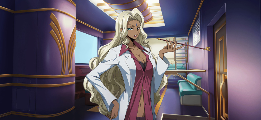 1girl artist_request bench black_bra blonde_hair blue_eyes bra bra_peek breasts cleavage coat code_geass code_geass:_lost_stories collarbone collared_shirt dark-skinned_female dark_skin door facial_mark forehead forehead_mark game_cg half-closed_eyes hand_up highres holding holding_smoking_pipe hookah indoors lipstick long_hair long_sleeves looking_at_viewer makeup medium_breasts navel non-web_source official_art open_clothes open_coat open_shirt parted_lips rakshata_chawla red_lips red_shirt shirt sidelocks smoking_pipe solo stairs standing stomach teeth television underwear upper_body v-shaped_eyebrows white_coat