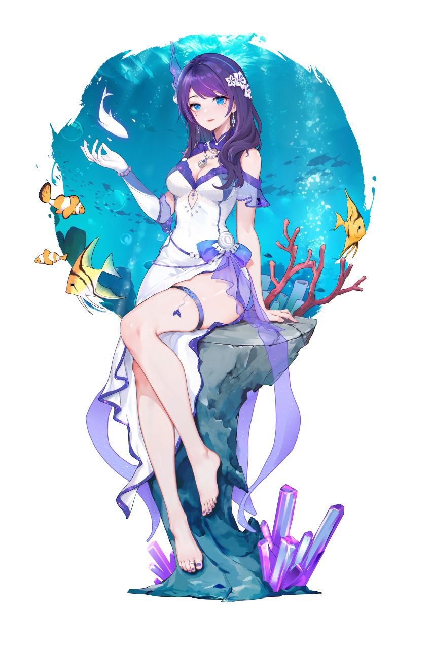 1girl absurdres arm_support bare_legs barefoot blue_eyes breasts cleavage cleavage_cutout clothing_cutout clownfish coral crystal dress elbow_gloves eoe fish flower full_body gloves hair_flower hair_ornament hand_up highres long_dress long_hair looking_at_viewer medium_breasts mole mole_under_eye nail_polish off_shoulder on_rock purple_hair purple_nails renjian_meihao_guanceji rock side_slit single_glove sitting sitting_on_rock solo thigh_strap toenail_polish toenails tropical_fish underboob_cutout underwater virtual_youtuber white_background white_dress white_flower white_gloves yumo_(eoe)