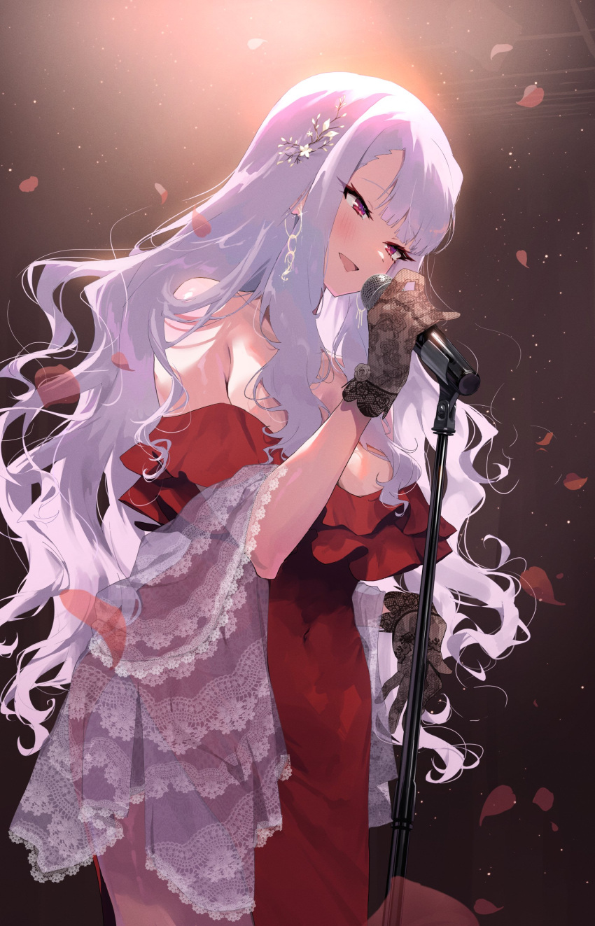 1girl absurdres black_gloves blush breasts covered_navel dress falling_petals gloves grey_hair highres holding holding_microphone idolmaster idolmaster_(classic) idolmaster_million_live! lace-trimmed_shawl large_breasts long_hair microphone microphone_stand midnamana music off-shoulder_dress off_shoulder petals red_dress shijou_takane singing smile solo very_long_hair