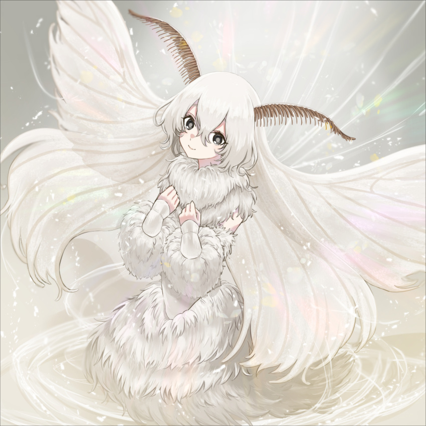 1girl antennae arthropod_girl black_eyes clenched_hands detached_sleeves fur_collar fur_shirt fur_skirt fur_sleeves highres insect_wings long_hair looking_at_viewer moth_girl moth_wings niichi_draw original smile solo white_hair white_sleeves white_wings wings