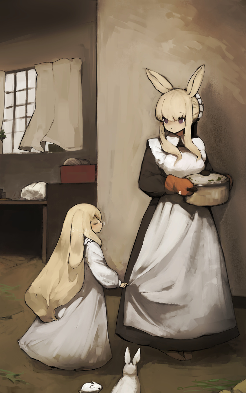 2girls absurdres animal animal_ears animal_feet apron black_dress black_eyes blonde_hair child closed_eyes closed_mouth commentary_request cooking_pot curtains dress expressionless frilled_dress frills full_body hair_bun highres holding_cooking_pot indoors looking_at_viewer lop_rabbit_ears maid maid_headdress mittens multiple_girls original oven_mitts rabbit rabbit_ears rabbit_girl red_mittens shirokujira sidelocks single_hair_bun sleepy standing white_dress window