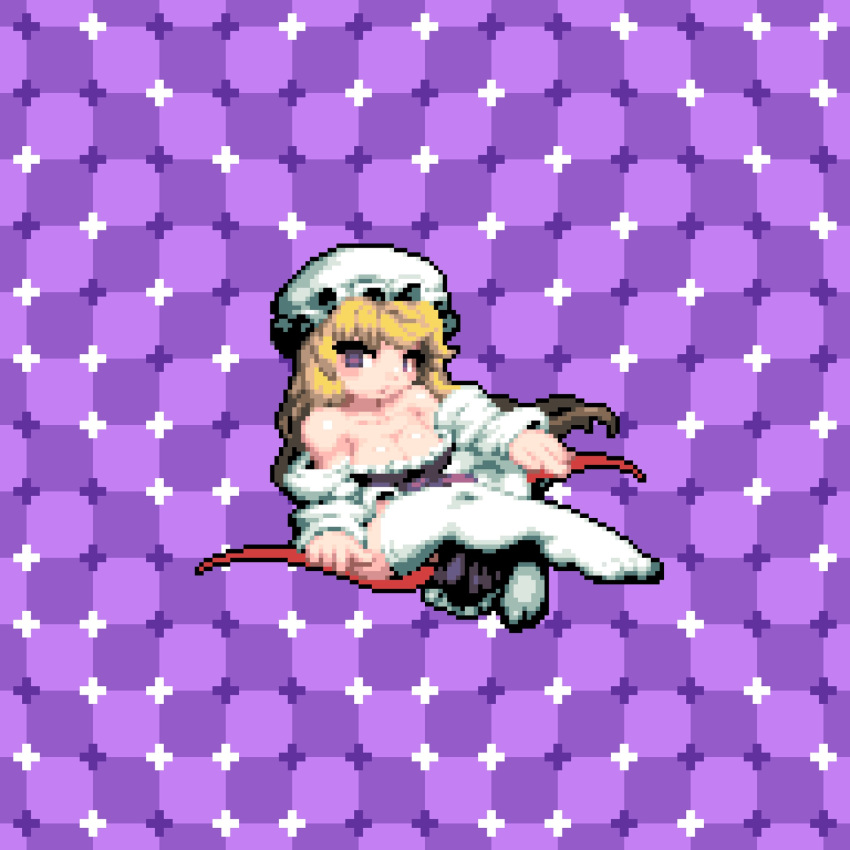 1girl blonde_hair blush breasts cleavage commentary_request dress frilled_thighhighs frills full_body gap_(touhou) hat highres long_hair looking_at_viewer lying medium_bangs medium_breasts mob_cap no_shoes off-shoulder_dress off_shoulder on_side open_mouth optical_illusion pixel_art purple_background purple_eyes solo thighhighs tonchamon_san touhou white_headwear white_thighhighs yakumo_yukari