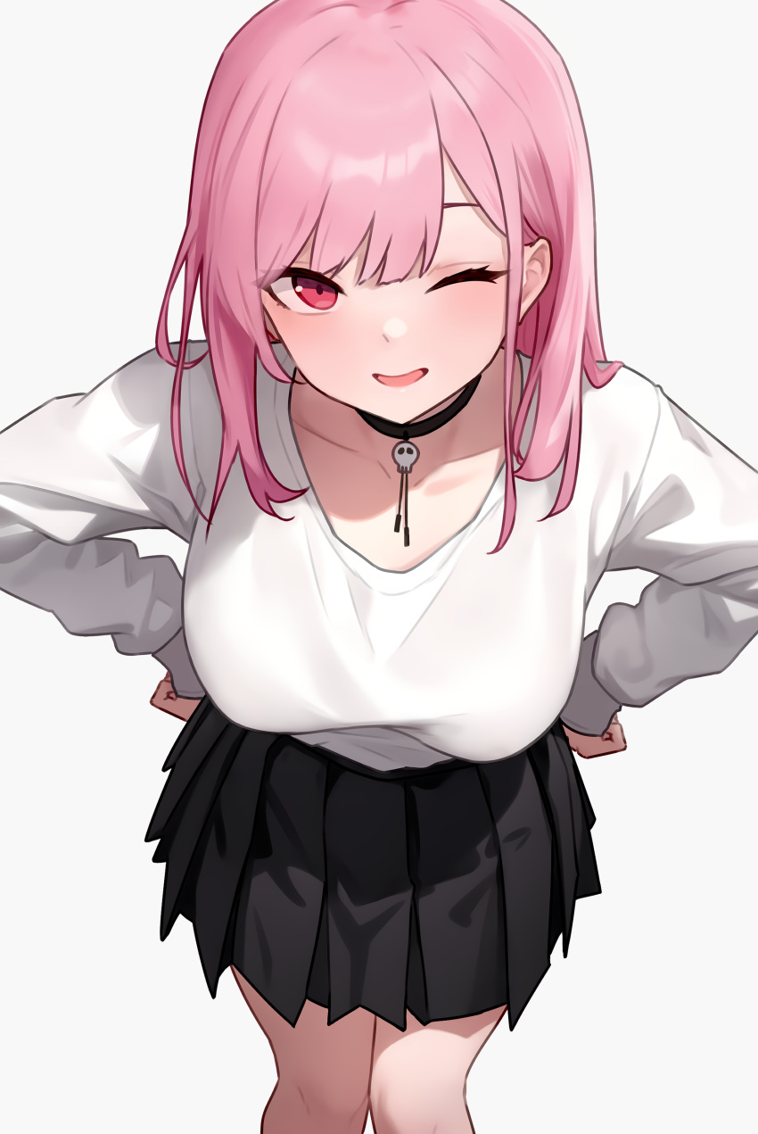 1girl absurdres alternate_costume black_choker black_skirt bluefield blunt_bangs blush breasts choker hands_on_own_hips highres hololive hololive_english long_hair looking_at_viewer mori_calliope one_eye_closed open_mouth pink_hair red_eyes shirt skirt smile solo virtual_youtuber white_shirt