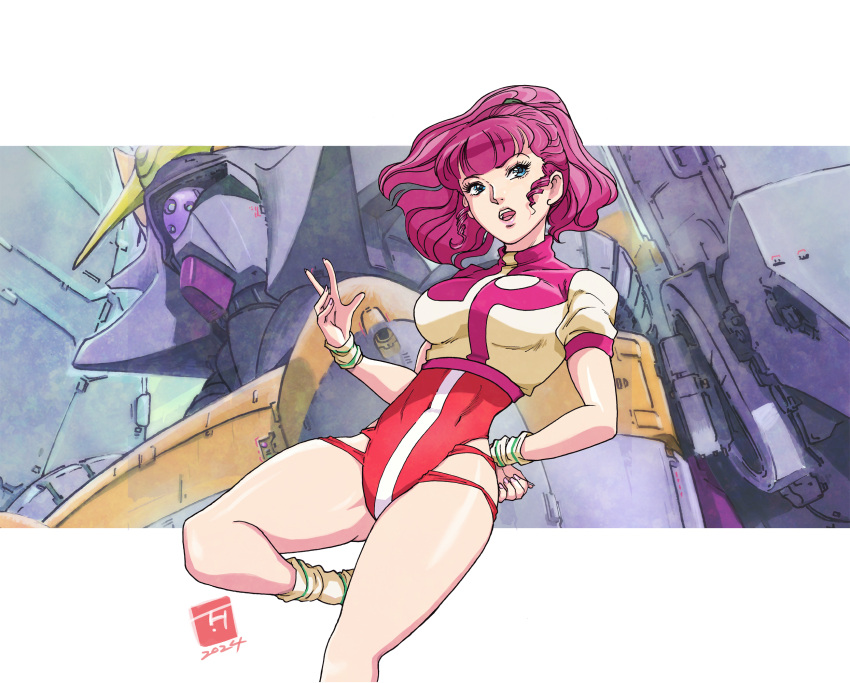 1girl 2024 blue_eyes breasts hands_on_own_hips highres jung_freud kujira_gunsou mecha one-piece_swimsuit open_mouth pink_hair red_one-piece_swimsuit retro_artstyle robot shirt solo swimsuit thighs top_wo_nerae! white_background white_shirt