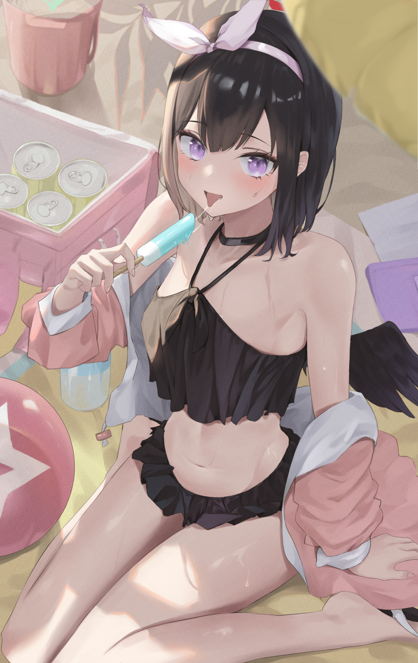 1girl absurdres bikini black_bikini black_hair black_wings blue_archive blush breasts can food hair_between_eyes halo highres holding holding_food jacket looking_at_viewer mashiro_(blue_archive) pink_jacket popsicle purple_eyes renge_(730) short_hair sitting small_breasts solo swimsuit tongue tongue_out wings