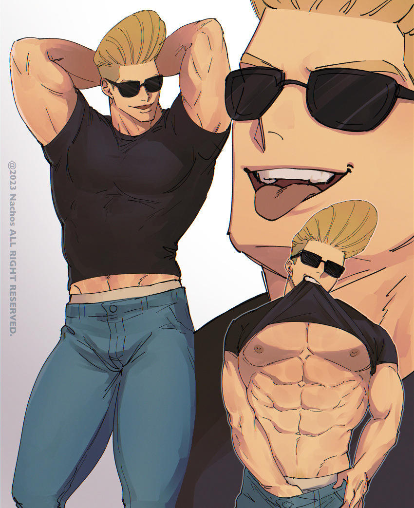 1boy absurdres arms_behind_head artist_name bara bare_pectorals biceps black_shirt blonde_hair blue_pants cartoon_network clothes_lift flexing hand_under_clothes highres johnny_bravo johnny_bravo_(series) large_pectorals male_focus muscular muscular_male nachos_(chos_na) open_mouth pants pectorals shirt shirt_lift short_hair smile sunglasses tongue tongue_out