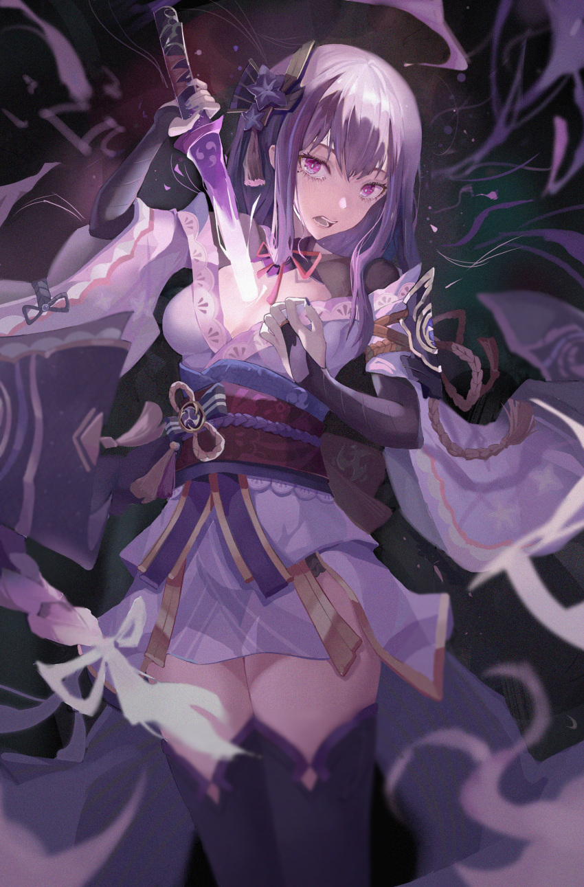 1girl absurdres armor between_breasts breasts bridal_gauntlets cleavage cxxxl fingerless_gloves flower_ornament genshin_impact gloves hair_ornament highres holding holding_sword holding_weapon japanese_clothes kimono long_braid long_hair looking_at_viewer mole mole_under_eye open_mouth purple_eyes purple_hair purple_kimono purple_nails purple_thighhighs raiden_shogun sword thighhighs very_long_hair vision_(genshin_impact) weapon