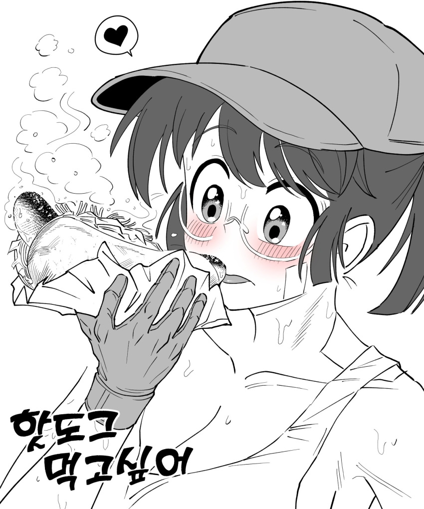 1girl baseball_cap blush breasts cleavage collarbone fio_germi food food_wrapper glasses gloves greyscale hat heart highres holding holding_food hot hot_dog large_breasts metal_slug monochrome ponytail round_eyewear sidelocks sketch solo spoken_heart steam sweat tank_top tongue tongue_out translation_request upper_body white_background wide-eyed wootsang