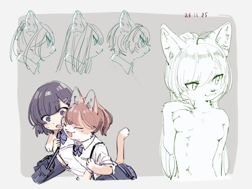 2girls :3 animal_ears animal_hands arm_around_shoulder bag blue_bow blue_bowtie blue_eyes blue_hair bow bowtie breasts brown_hair cat_ears cat_tail closed_eyes collared_shirt dated furry furry_female hair_ornament hairclip highres makibtaa multiple_girls no_nipples open_mouth original partially_colored school_bag school_uniform shirt short_sleeves striped_bow striped_bowtie striped_clothes tail variations white_shirt