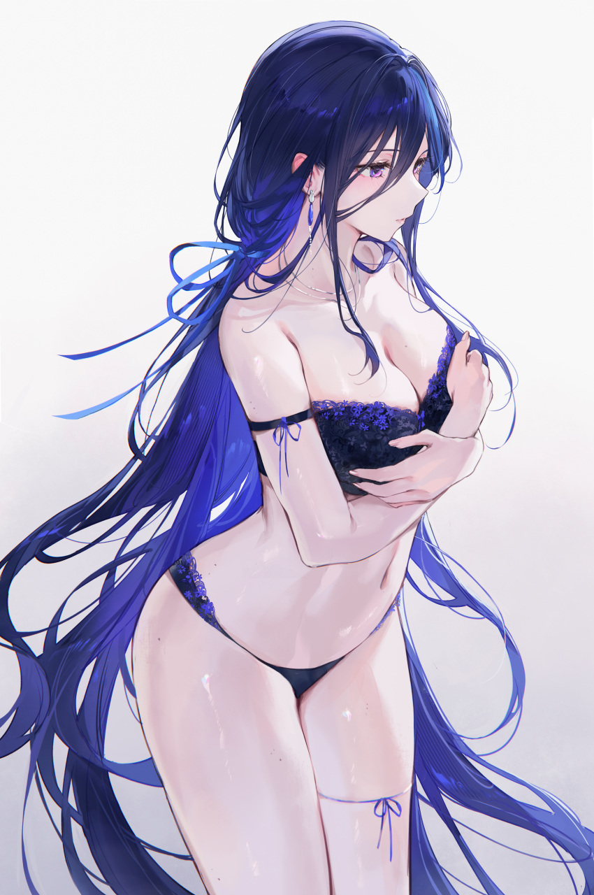 1girl absurdres arm_strap black_bra black_panties blue_hair bra breasts cleavage clorinde_(genshin_impact) closed_mouth commentary_request earrings genshin_impact gradient_background grey_background hair_between_eyes highres jewelry large_breasts long_hair navel necklace paid_reward_available panties partial_commentary purple_eyes qiandaiyiyu simple_background solo stomach thigh_strap thighs underwear very_long_hair