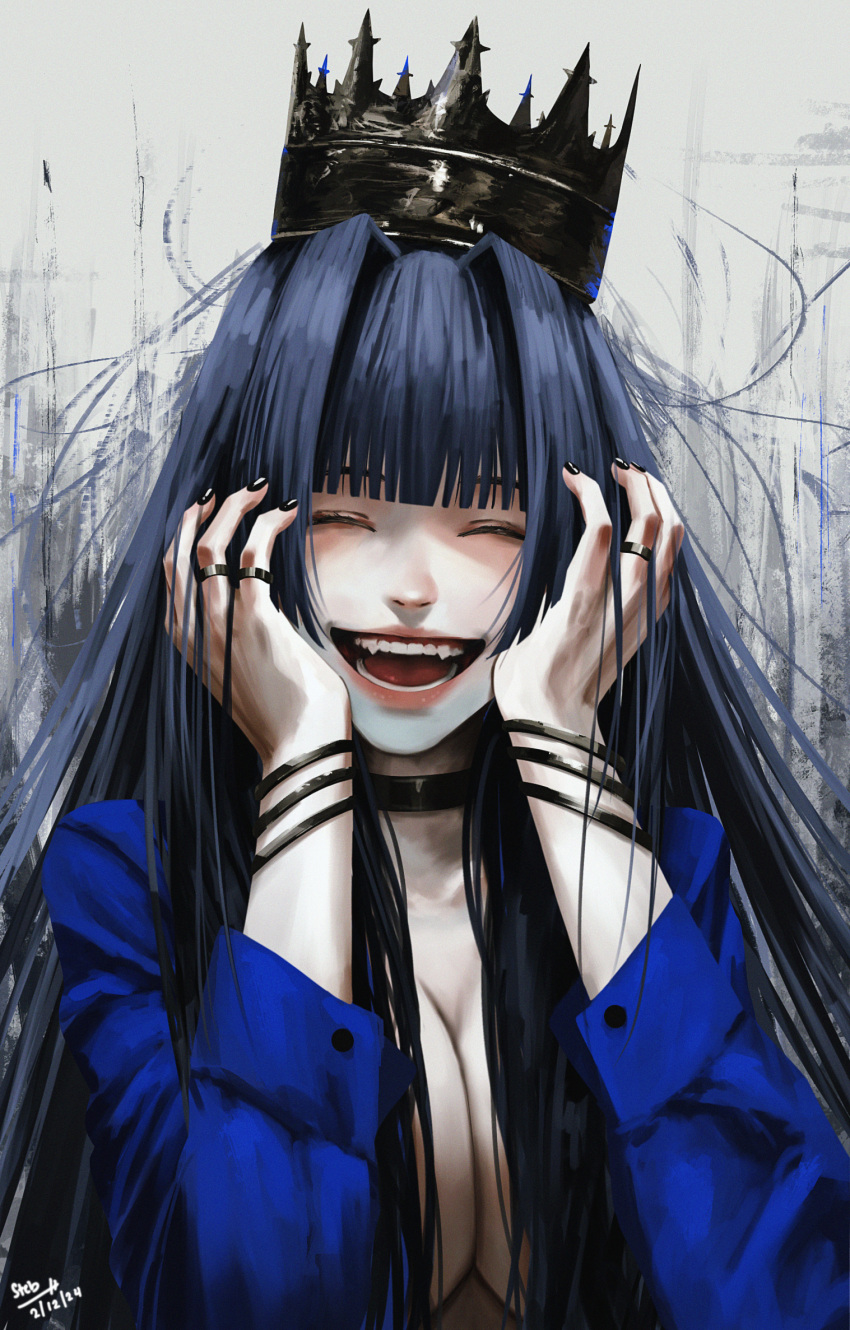 1girl alternate_costume black_hair blue_shirt blunt_bangs breasts cleavage closed_eyes crown earrings fang hands_on_own_face highres holocouncil hololive hololive_english jewelry large_breasts lips lipstick long_hair looking_at_viewer makeup open_mouth ouro_kronii red_lips shirt smile solo steb teeth upper_body virtual_youtuber