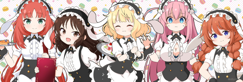 5girls :3 :d alternate_costume animal_ears artist_name blonde_hair blue_eyes bocchi_the_rock! braid breasts brown_eyes brown_hair character_request cleavage closed_eyes closed_mouth commentary_request copyright_request crossover enmaided fake_animal_ears gochuumon_wa_usagi_desu_ka? gotoh_hitori green_eyes holding holding_menu holding_tray idolmaster idolmaster_cinderella_girls kirima_syaro large_breasts long_hair lop_rabbit_ears low_twintails maid maid_headdress menu mitya multiple_crossover multiple_girls open_mouth orange_hair pink_hair princess_connect! puffy_short_sleeves puffy_sleeves purple_eyes rabbit_ears red_hair shaded_face short_sleeves small_breasts smile sweat tachibana_arisu tray twin_braids twintails upper_body wavy_mouth wrist_cuffs yuni_(princess_connect!)