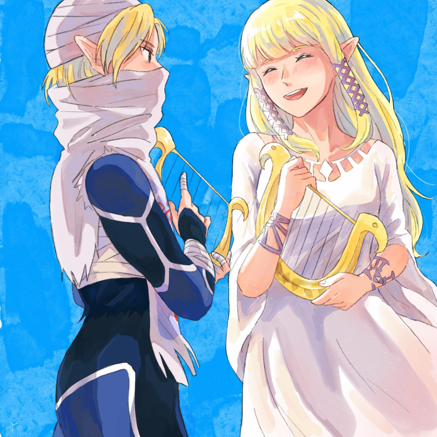 2girls ^_^ androgynous bandaged_arm bandaged_fingers bandages blonde_hair blue_background blue_bodysuit blue_eyes blunt_bangs blush bodysuit bracelet breasts cloak closed_eyes collarbone covered_mouth cowboy_shot dress dual_persona hair_ribbon hand_up harp highres instrument jewelry long_hair long_sleeves looking_at_another mask mouth_mask multiple_girls open_mouth pointy_ears princess_zelda profile reverse_trap ribbon sarashi sheik sidelocks so_far_69 the_legend_of_zelda the_legend_of_zelda:_ocarina_of_time the_legend_of_zelda:_skyward_sword tress_ribbon turban white_cloak white_dress