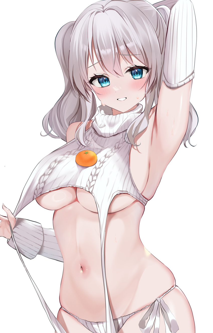 1girl absurdres aqua_eyes arm_up armpits breasts food fruit grey_hair highres kantai_collection kashima_(kancolle) large_breasts looking_at_viewer meme_attire navel orange_(fruit) smile solo sweat sweater twintails underwear virgin_destroyer_sweater white_background yoshino_(mfmfpng)