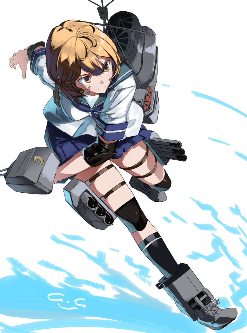 1girl adapted_turret bandaid bandaid_on_face blue_sailor_collar blush brown_eyes brown_hair cannon crab full_body gegeron highres kantai_collection machinery neckerchief oboro_(kancolle) pleated_skirt rigging rudder_footwear sailor_collar school_uniform serafuku short_hair short_sleeves signature skirt smile smokestack standing standing_on_liquid torpedo_launcher torpedo_tubes turret water