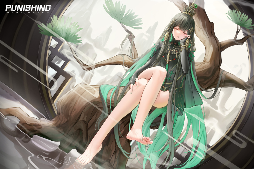 1girl absurdres bare_legs barefoot black_hair closed_eyes copyright_name crown full_body green_nails grey_hair hair_ornament highres in_tree logo long_hair mole mole_under_mouth multicolored_hair nail_polish official_art punishing:_gray_raven qu_(punishing:_gray_raven) second-party_source sitting sitting_in_tree soaking_feet solo tassel tree two-tone_hair water window