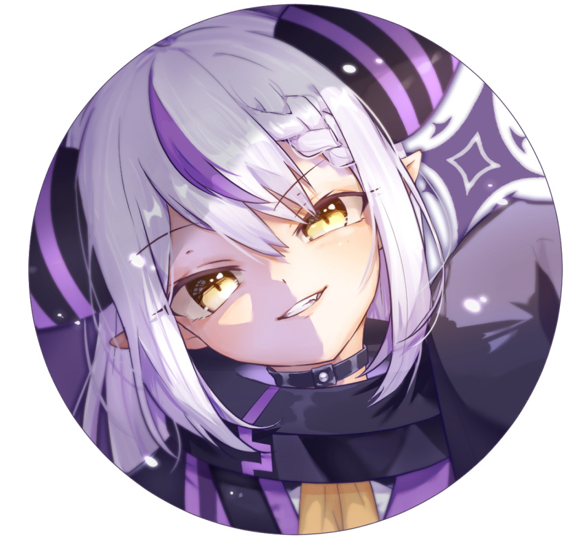 1girl ascot black_choker braid braided_bangs choker coat coat_dress collar demon_horns fang grey_hair hololive horns la+_darknesss la+_darknesss_(1st_costume) lealea5656 long_hair looking_at_viewer metal_collar multicolored_hair pointy_ears purple_coat purple_hair sleeves_past_fingers sleeves_past_wrists smile solo streaked_hair virtual_youtuber white_background yellow_ascot yellow_eyes
