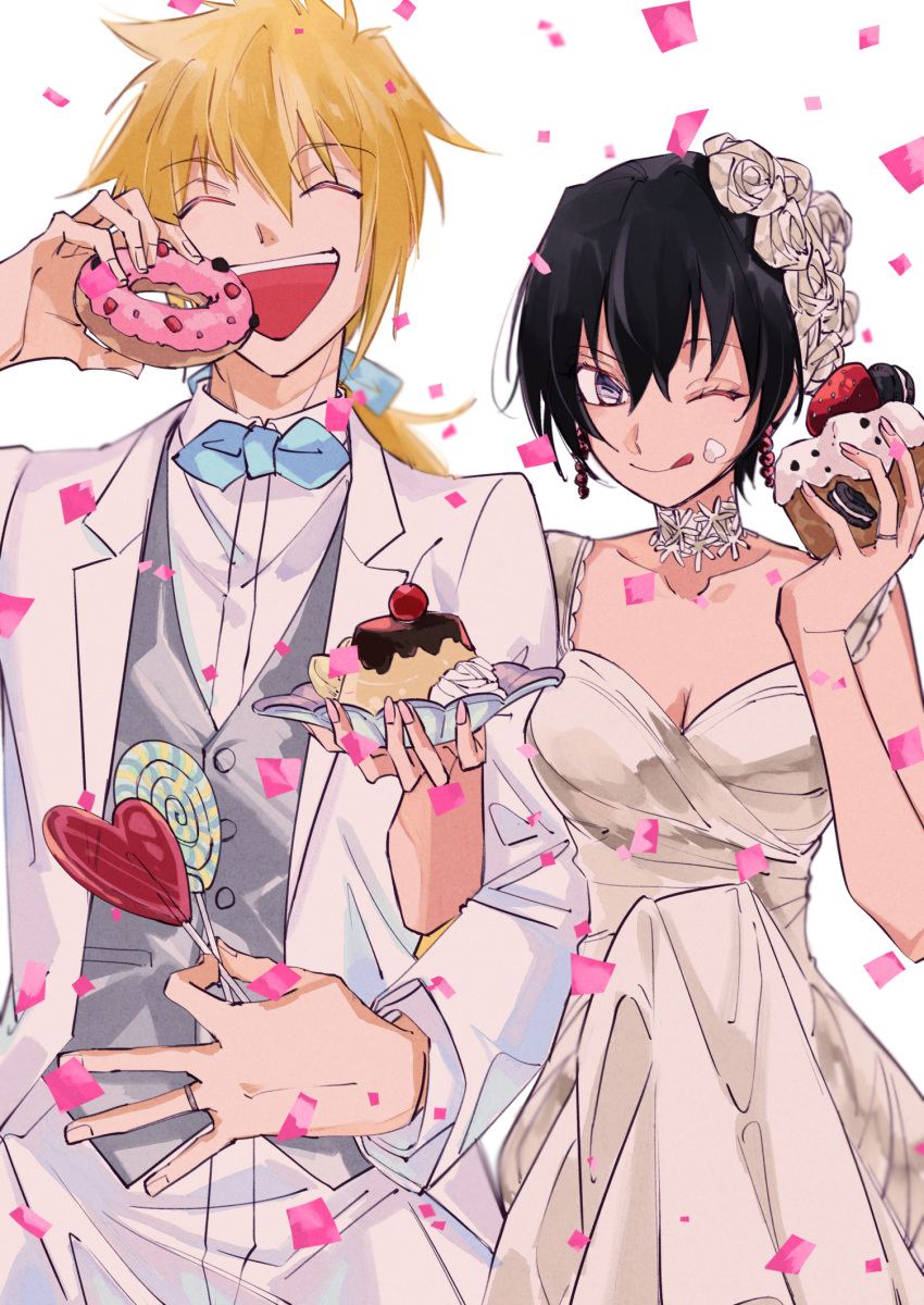 black_hair blonde_hair bow bowtie bride cake cake_slice candy choker closed_eyes collarbone confetti couple dessert doughnut dress flower flower_choker food food_on_face formal groom hair_between_eyes hair_flower hair_ornament hair_ribbon heart heart_lollipop hetero highres holding holding_candy holding_food holding_lollipop husband_and_wife jewelry locked_arms lollipop long_hair official_alternate_costume one_eye_closed open_mouth oreo ponytail pudding purple_eyes ribbon ring rutee_katrea shaped_lollipop short_hair simple_background spaghetti_strap stahn_aileron suit swirl_lollipop tales_of_(series) tales_of_destiny tongue tongue_out wedding_dress white_background white_suit youme_xz
