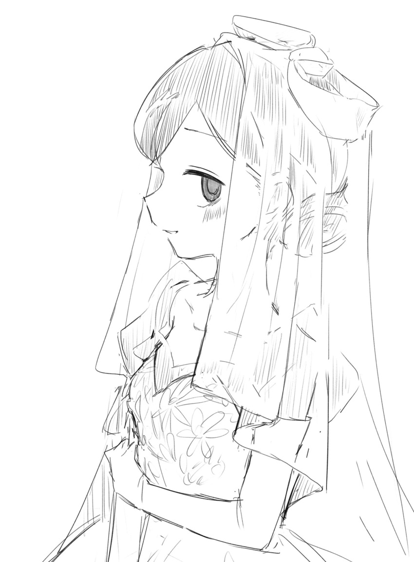 1girl alternate_hairstyle bags_under_eyes blush bridal_veil bride dress floral_print hair_up hand_on_own_arm highres kuroki_tomoko looking_at_viewer monochrome nokonoko_(a0dddd) parted_lips profile sideways_glance simple_background sketch smile solo upper_body veil watashi_ga_motenai_no_wa_dou_kangaetemo_omaera_ga_warui! wedding_dress white_background