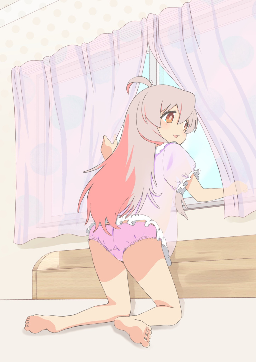 1girl ahoge ass barefoot bed bedroom brown_eyes brown_hair curtains feet from_behind highres indoors kneeling kneepits legs long_hair no_pants onii-chan_wa_oshimai! open_mouth oyama_mahiro pajamas panties pink_pajamas pink_panties pink_shirt rora_(user_vgpk4444) shirt short_sleeves smile soles solo thighs toes underwear window