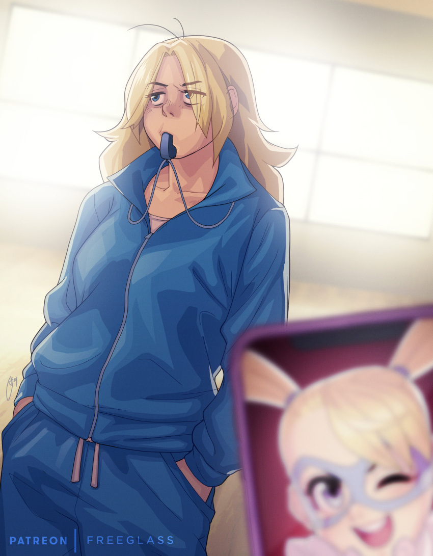 1girl absurdres aged_up backlighting before_and_after blonde_hair blue_eyes blue_mask blue_track_suit blurry blurry_foreground cellphone collarbone english_commentary freeglass gym_uniform highres mouth_hold one_eye_closed patreon_username phone rainbow_mika round_teeth smartphone street_fighter teeth twintails upper_teeth_only whistle zipper