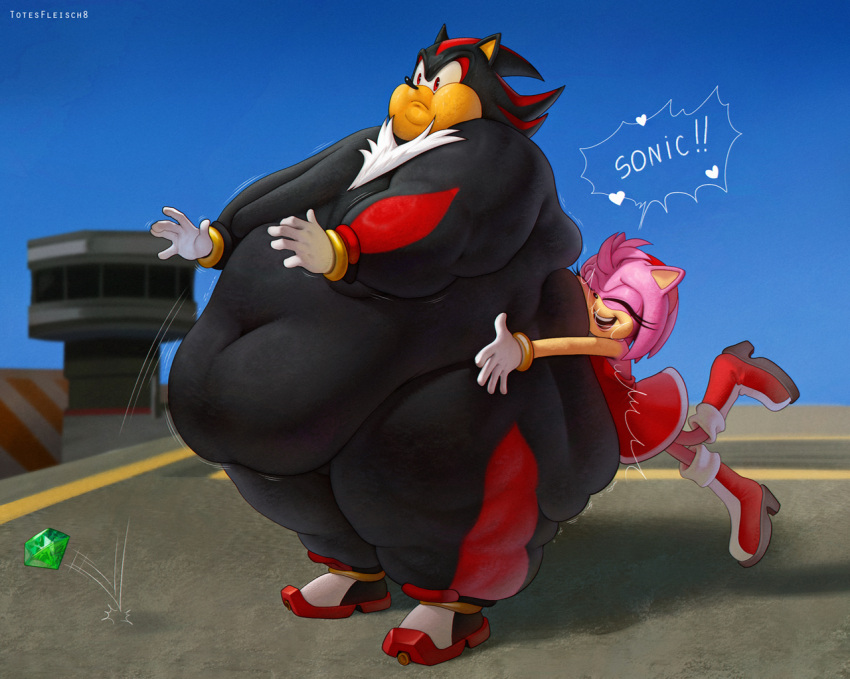 1boy 1girl amy_rose animal_nose belly big_belly black_fur body_fur chaos_emerald day double_chin dress fat fat_man fat_rolls furry furry_female furry_male gold_bracelet heart hedgehog hedgehog_ears hedgehog_girl hug hug_from_behind multicolored_footwear multicolored_fur navel obese outdoors pink_fur red_dress red_eyes red_footwear red_fur shadow_the_hedgehog sonic_(series) speech_bubble standing thick_arms thick_thighs thighs totesfleisch8 two-tone_fur