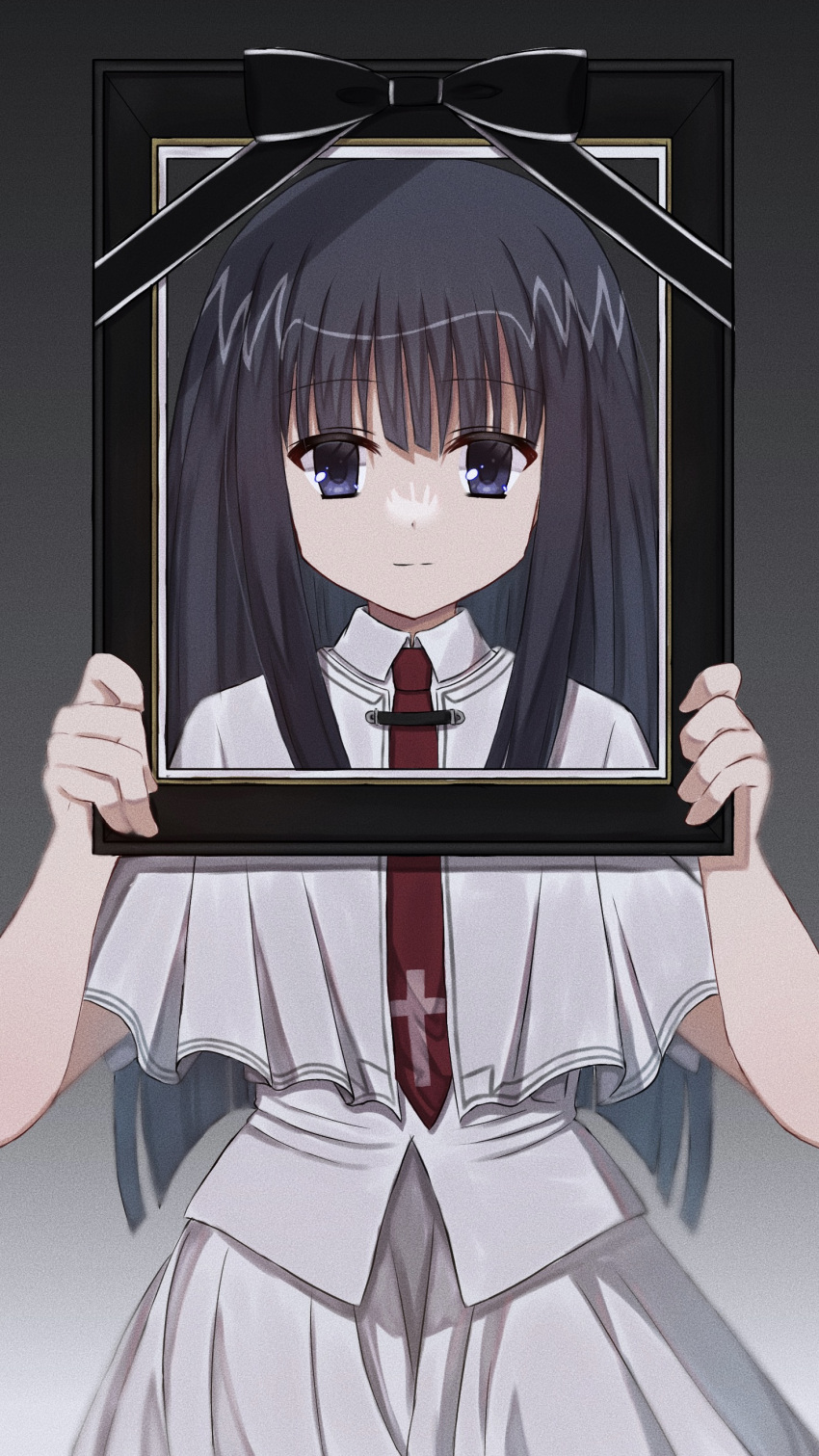 1girl absurdres black_bow black_hair blue_eyes blunt_bangs blunt_ends bow capelet closed_mouth collared_shirt commentary cowboy_shot cross_print eyes_visible_through_hair gradient_background grey_background hands_up highres holding_frame iei light_smile long_hair looking_at_viewer mahigu_re necktie picture_frame print_necktie red_necktie school_uniform shirt sidelocks simple_background skirt solo split_mouth straight-on straight_hair subarashiki_hibi takashima_zakuro white_capelet white_shirt white_skirt