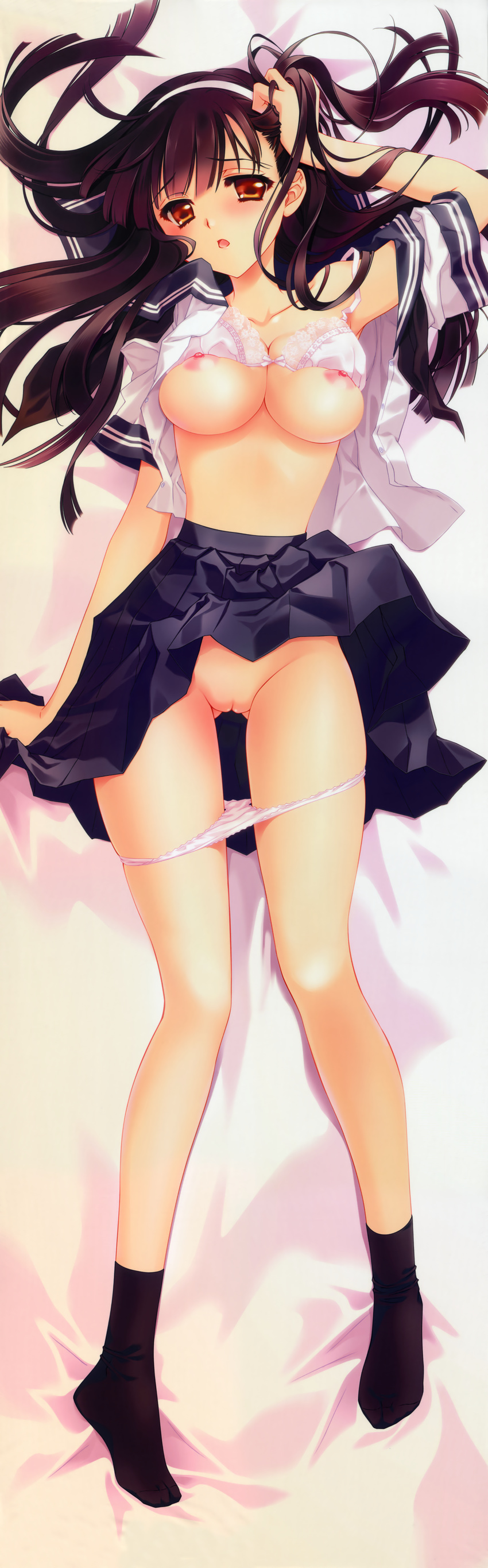 absurdres black_hair blush bra bra_lift breasts carnelian cleavage dakimakura full_body headband highres huge_filesize lace lace-trimmed_bra large_breasts legs long_hair looking_at_viewer nipples open_mouth orange_eyes original panties panty_pull puffy_nipples pussy school_uniform skindentation skirt skirt_lift socks solo uncensored underwear white_bra white_panties