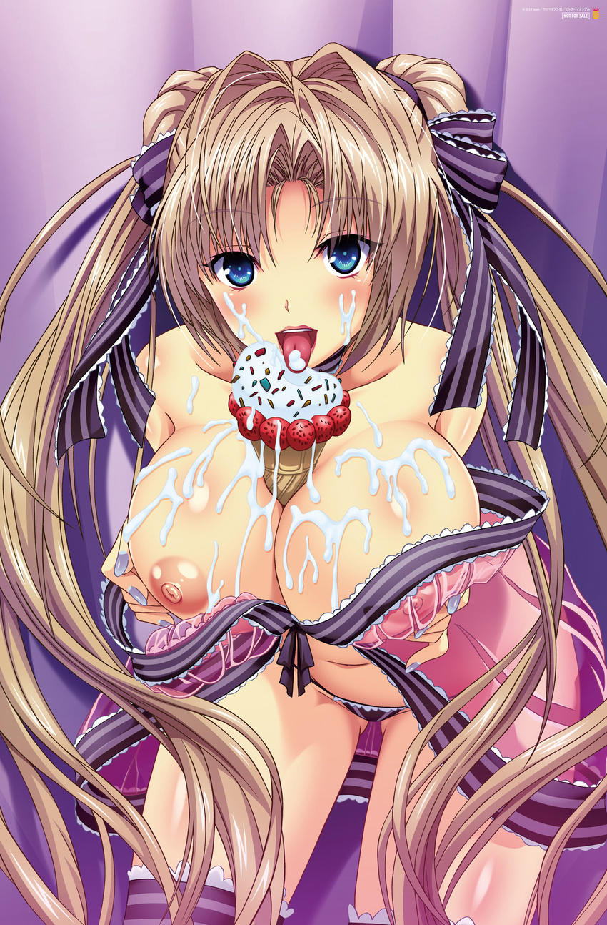 absurdres artist_request babydoll between_breasts black_panties blue_eyes breast_hold breasts brown_hair dress food food_on_body fruit harem_time highres ice_cream ice_cream_cone large_breasts leaning_forward licking manami_ichijou nipples no_bra open_clothes open_dress panties purple_legwear sexually_suggestive strawberry thighhighs tongue tongue_out underwear