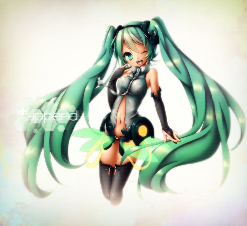 arthur_ko bad_id bad_pixiv_id bare_shoulders between_breasts breasts center_opening colorized covered_nipples green_eyes green_hair hatsune_miku hatsune_miku_(append) highres inaresi long_hair looking_at_viewer medium_breasts necktie one_eye_closed open_mouth smile solo twintails very_long_hair vocaloid vocaloid_append