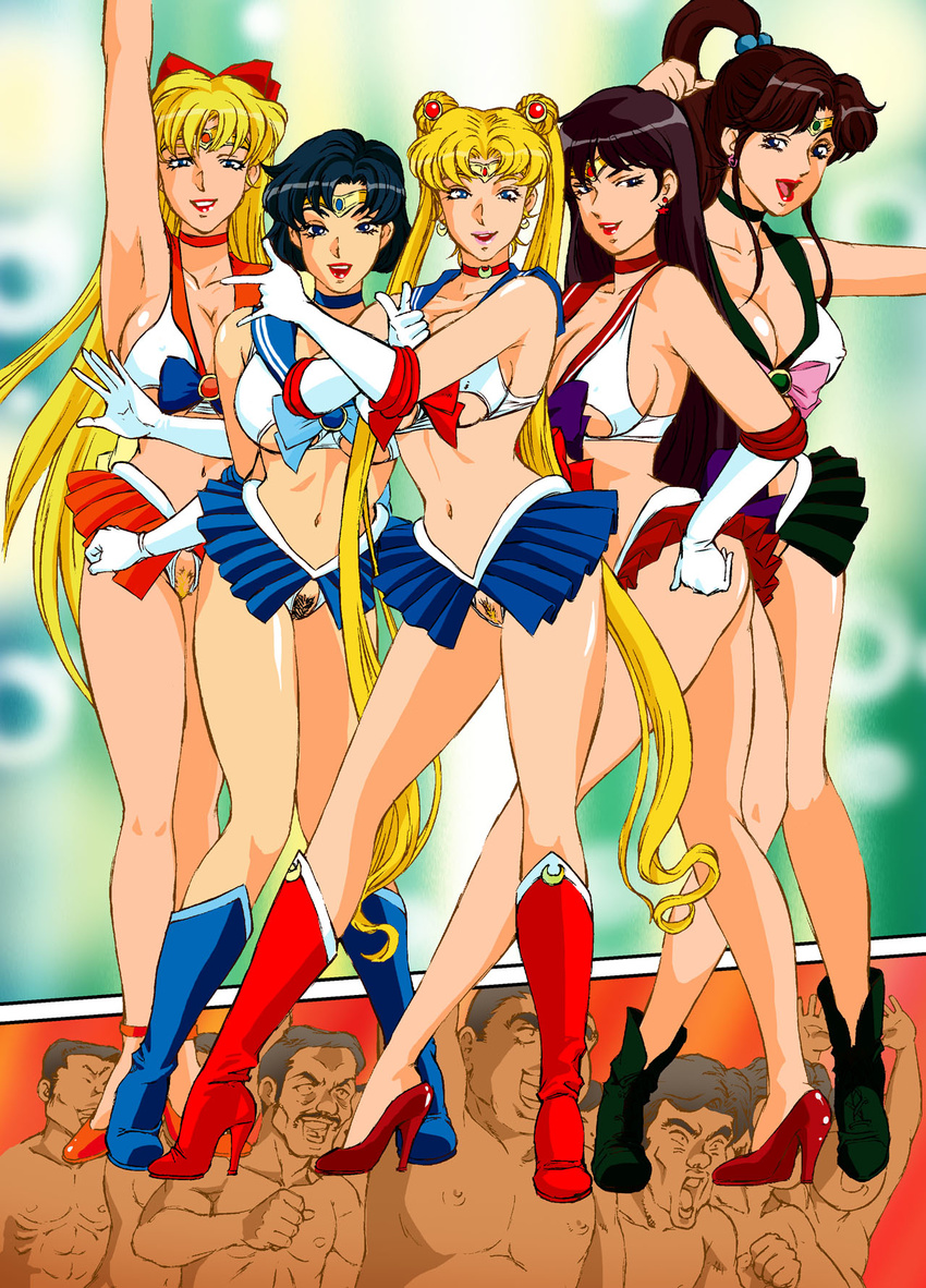 5girls aino_minako ankle_boots armpits bishoujo_senshi_sailor_moon blonde_hair blue_eyes blue_hair boots breasts brown_hair choker cleavage crotchless crotchless_clothes earrings elbow_gloves gloves high_heel_boots high_heels highres hino_rei jewelry kino_makoto knee_boots lipstick long_hair looking_at_viewer makeup microskirt midriff mizuno_ami multiple_girls navel open_mouth ponytail pose pubic_hair purple_hair revealing_clothes rippadou sailor_jupiter sailor_mars sailor_mercury sailor_moon sailor_venus shoes short_hair skirt smile standing tiara tsukino_usagi twintails very_long_hair