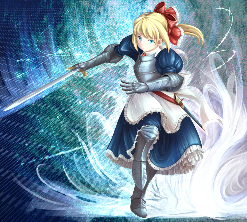 :&lt; apron armor blonde_hair blue_background blue_eyes bow breastplate colorized dress furim gauntlets gradient gradient_background greaves hair_bow head_tilt highres kirio_(ccr00235) leg_up light_trail long_hair looking_at_viewer ponytail puffy_sleeves scabbard shanghai_doll sheath solo standing standing_on_one_leg sword touhou unsheathed waist_apron weapon