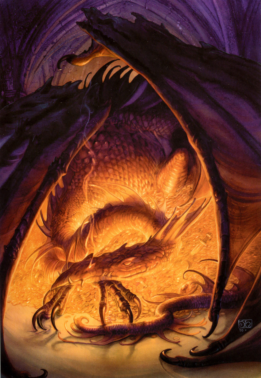 claws coins dragon feral hoard j._r._r._tolkien john_howe male smaug solo the_hobbit treasure wings