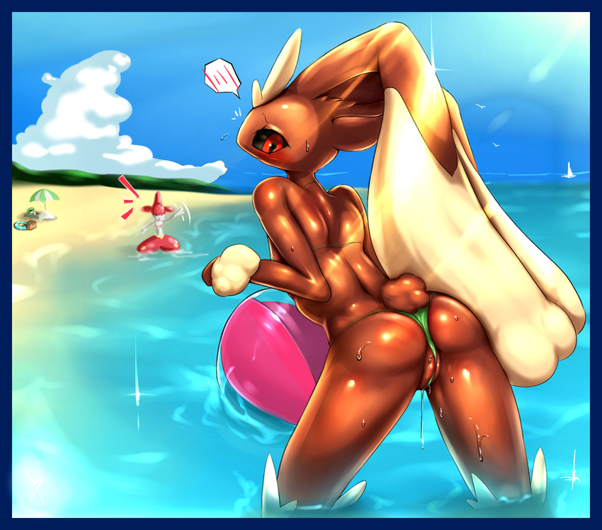 back ball bamia beach beach_ball beach_umbrella bent_over big_ears bikini black_sclera blue_sky blush breasts brown_body butt clothing cloud dark_skin embarrassed exposed female gardevoir group looking_back lopunny medicham nintendo pok&#233;mon pok&eacute;mon pussy pussy_floss pussy_juice red_eyes sea seaside shiny sky small_breasts small_tail standing summer sweat sweatdrop swimsuit thong tight_clothing video_games wardrobe_malfunction water wedgie wet