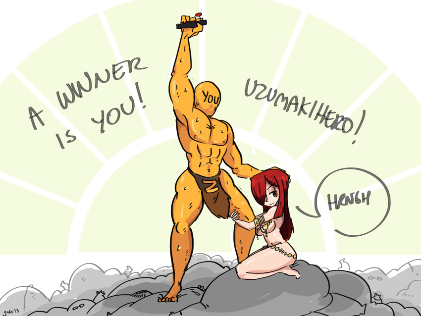 abs anonymous arcade_stick breasts controller drawfag faceless faceless_male game_controller glasses hair_over_one_eye hand_up highres joystick large_breasts leg_hold loincloth long_hair muscle non-web_source official_style parasoul_(skullgirls) red_hair shirtless signature skullgirls slave sweat yellow_skin