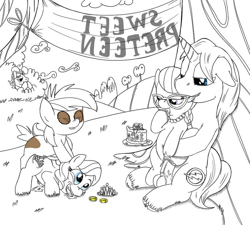 all_fours animal_ears balls banner bent_over blue_eyes cake cloud cub cutie_mark daughter diamond_tiara_(mlp) doggystyle dripping drooling english_text equine eyes_closed eyewear father female feral filthy_rich_(mlp) food friendship_is_magic from_behind fucked_silly glasses group horn horse licking line_art male mammal my_little_pony on_top original_character outside parent penetration penis pipsqueak_(mlp) pony purple_eyes pussy reverse_cowgirl_position saliva sex silver_spoon_(mlp) smudge_proof straight text thunder_ring tiara tongue unicorn vaginal vaginal_penetration watching young