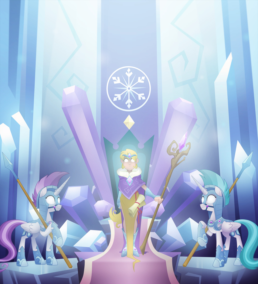 armor blonde_hair crystal_empire equestria-prevails equine female feral friendship_is_magic hair helmet hi_res horn horse human mammal megan_(mlp) my_little_pony one_leg_up original_character polearm pony royal_guard_(mlp) spear staff weapon winged_unicorn wings