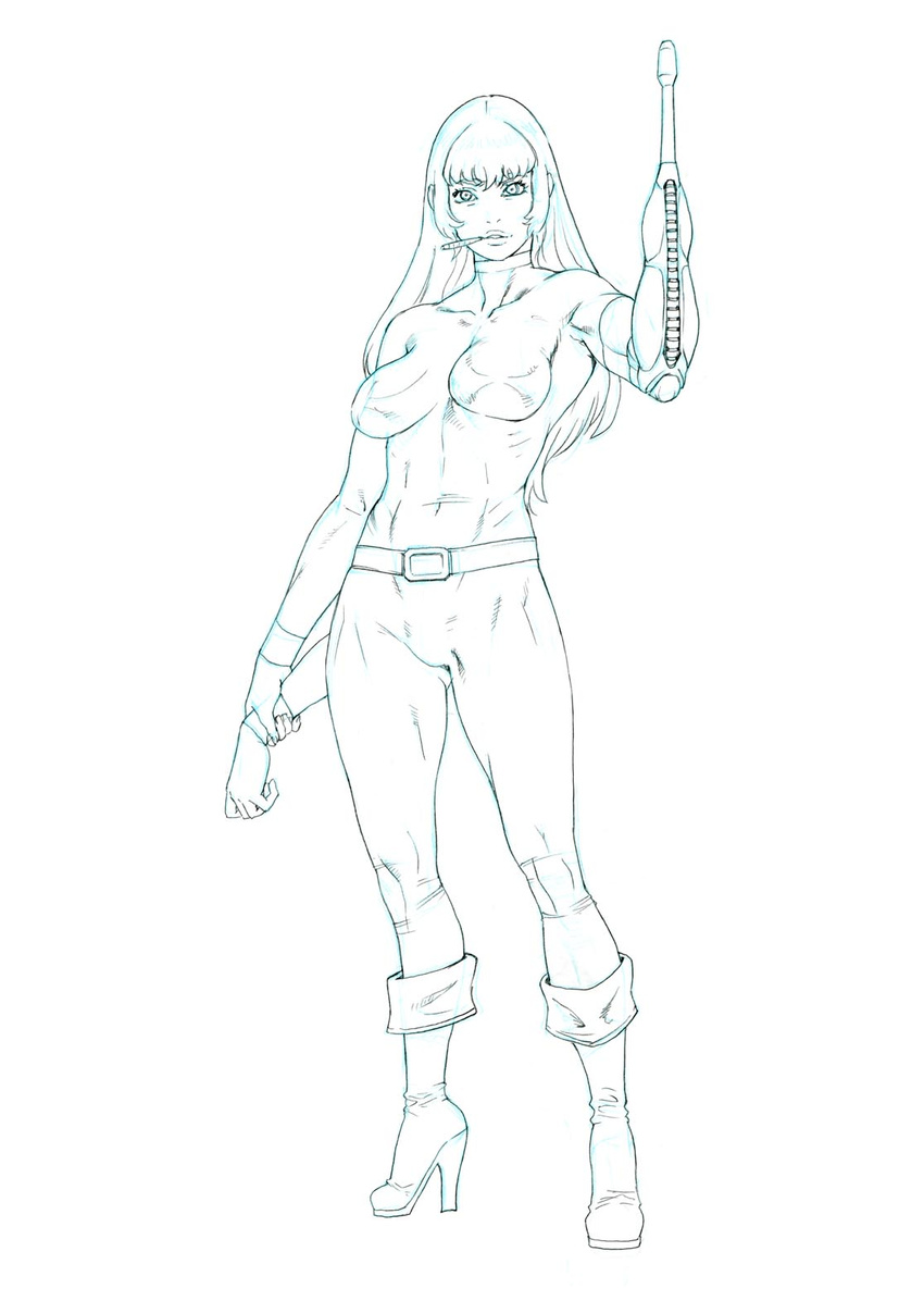 abs arm_cannon belt breasts cigar cobra genderswap high_heels highres impossible_clothes large_breasts lineart lips long_hair monochrome mouth_hold po-ju psychogun shoes simple_background sketch skin_tight solo space_adventure_cobra standing weapon white_background work_in_progress