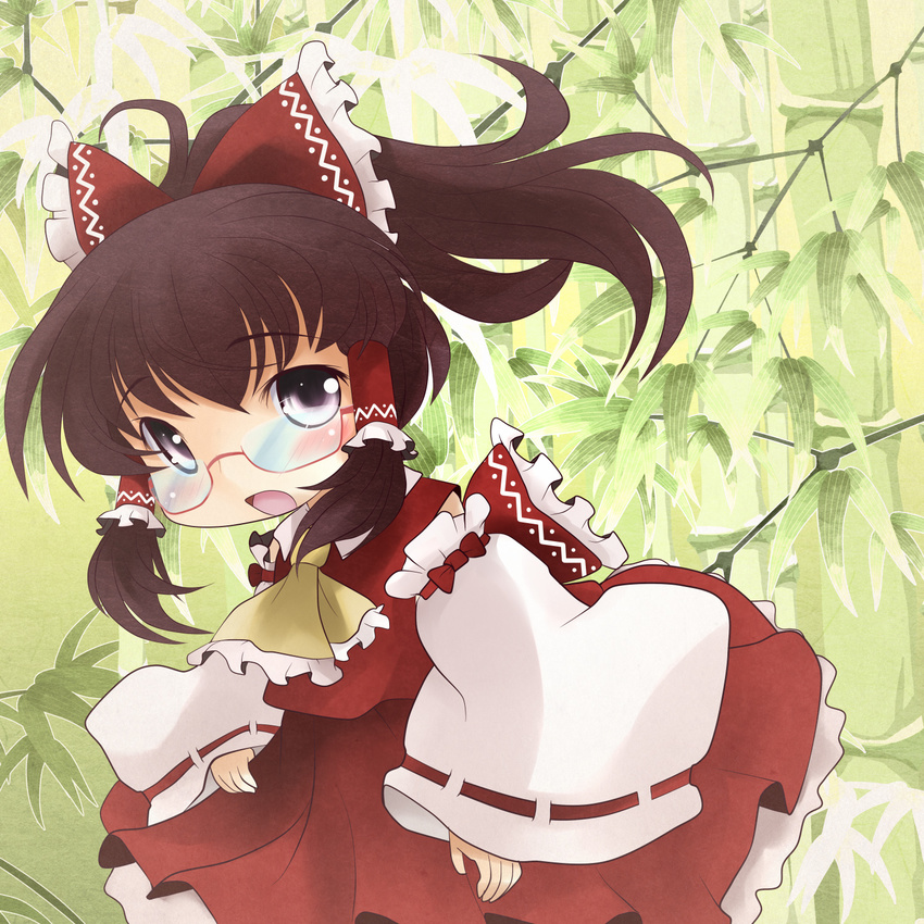 ascot bespectacled bow brown_hair chibi detached_sleeves glasses hair_bow hair_tubes hakurei_reimu highres long_hair solo touhou yume_shokunin