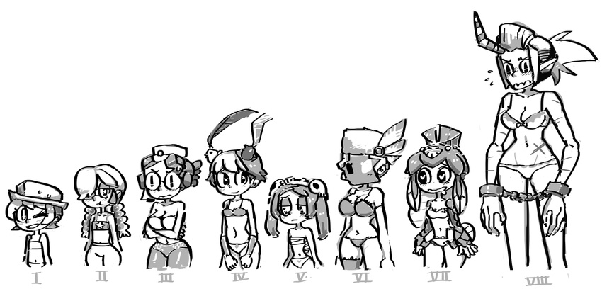 6+girls annie_(skullgirls) annie_of_the_stars bare_shoulders black_dahlia bloody_marie_(skullgirls) blush bra braid braids breast_hold breasts child cleavage cuffs drooling eyepatch female feng_(skullgirls) fish_girl flat_chest frown gats_(nougats) giantess glasses glowing glowing_eye hair_ornament hat headset heart heart-shaped_pupils highres hips horn large_breasts lineup long_hair long_image maid maid_headdress minette_(skullgirls) molly_(skullgirls) monochrome monster_girl multicolored_hair multiple_girls navel nougats open_mouth panties pantyhose pout reverge_labs scar scythana_(skullgirls) shackle shackles short_hair simple_background skull skull_hair_ornament skullgirls small_breasts smile standing symbol-shaped_pupils twin_braids twintails umbrella_(skullgirls) underwear underwear_only veil wavy_mouth white_background wide_hips wide_image wink
