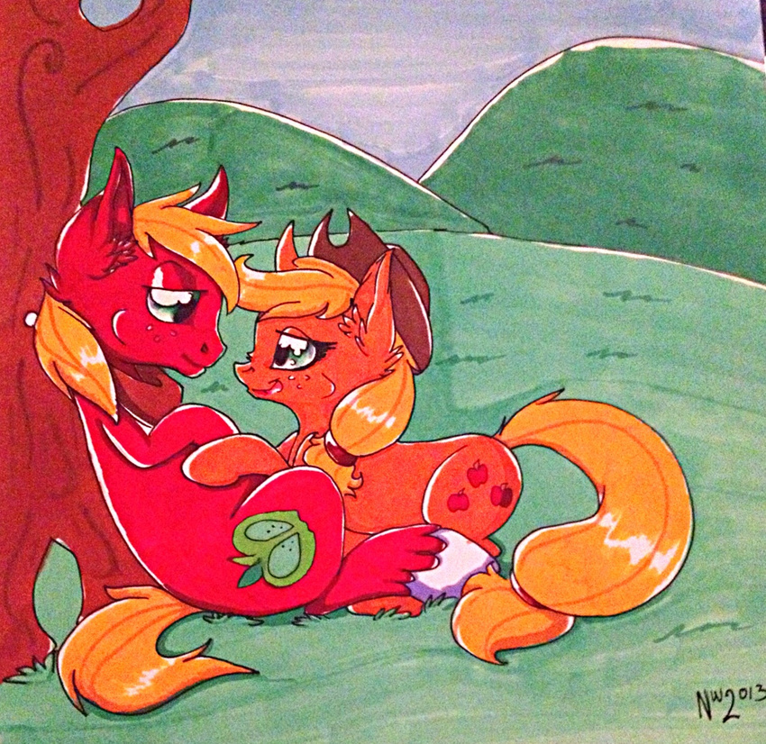 2012 angry applejack_(mlp) big_macintosh_(mlp) blonde_hair brother cowboy_hat cutie_mark duo english_text equine eye_contact female feral freckles friendship_is_magic fur green_eyes hair hat horse long_hair male mammal my_little_pony orange_fur plain_background pony red_fur short_hair sibling sister smile sweat text tigerplushie trembling yoke