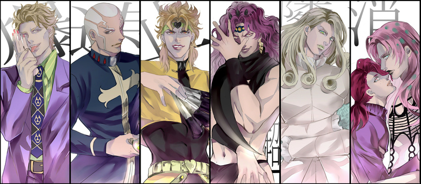 arm_blade atsuyu bad_id bad_pixiv_id blonde_hair diavolo dio_brando dual_persona enrico_pucci formal funny_valentine highres jojo_no_kimyou_na_bouken kars_(jojo) kira_yoshikage knife long_hair multiple_boys pink_hair purple_hair red_hair severed_hand steel_ball_run suit vinegar_doppio weapon white_hair