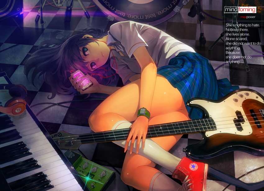 absurdres bad_id bad_pixiv_id bass_guitar beats_by_dr._dre black_eyes black_hair checkered checkered_floor converse digital_media_player drum earbuds earphones english headphones highres instrument keyboard_(instrument) kneehighs ladic long_hair lying on_side original school_uniform shoes skirt sneakers solo watch