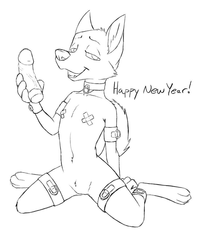 anthro canine collar cub dildo dog female fur half-closed_eyes holidays kneeling looking_at_viewer mammal misterpickleman monochrome navel new_year nipple_bulge open_mouth pasties pussy sex_toy simple_background solo straps taylor_knight text young