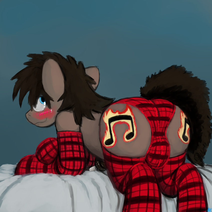 bed blue_eyes blush brown_hair bulge butt cum cutie_mark elbow_gloves equine friendship_is_magic gloves hair hladilnick hladilnik horse legwear long_hair looking_back male mammal my_little_pony penis plaid plain_background pony precum smile socks solo stockings tartan