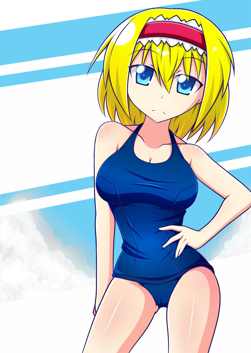 alice_margatroid blonde_hair blue_eyes breasts cleavage hairband hamiyun highres large_breasts one-piece_swimsuit school_swimsuit short_hair smile solo swimsuit touhou