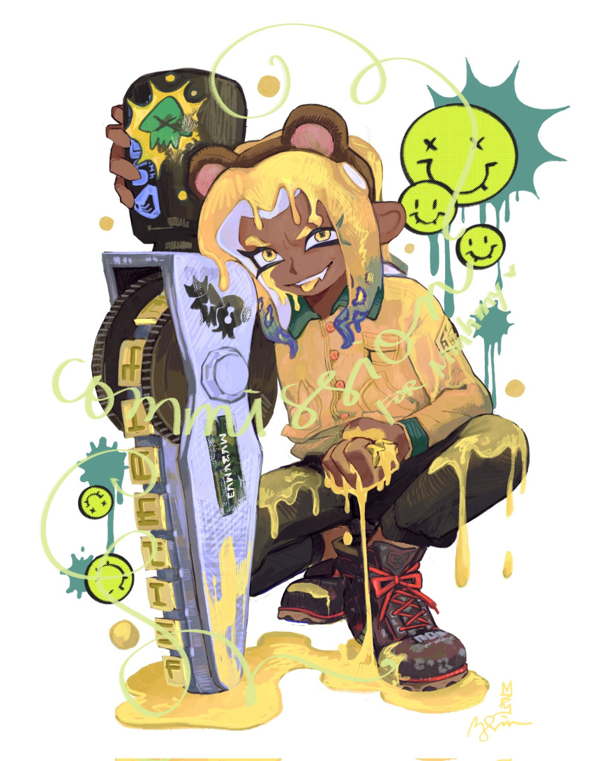 1boy animal_ear_hairband animal_ears bear_ears black_footwear black_pants blonde_hair brown_hairband buttons commentary commission cross-laced_footwear dark-skinned_male dark_skin eyebrow_cut eyelashes fake_animal_ears fang hairband highres holding holding_sword holding_weapon inkling_(language) long_hair mai_(marmastry) male_focus octoling octoling_boy octoling_player_character open_mouth paint pants shirt shoes simple_background smile solo splatana_stamper_(splatoon) splatoon_(series) splatoon_3 squatting sticker sword teeth tentacle_hair thick_eyebrows tongue tongue_out weapon white_background yellow_eyes yellow_shirt